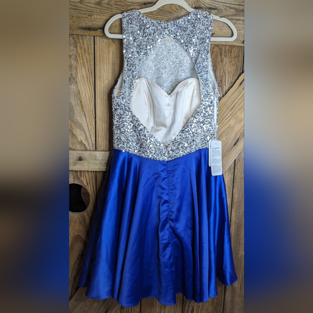 Tangfuti Cocktail Dress size 14 NWT Blue White Sequin Lined A-line Princess V-1 - Picture 2 of 13